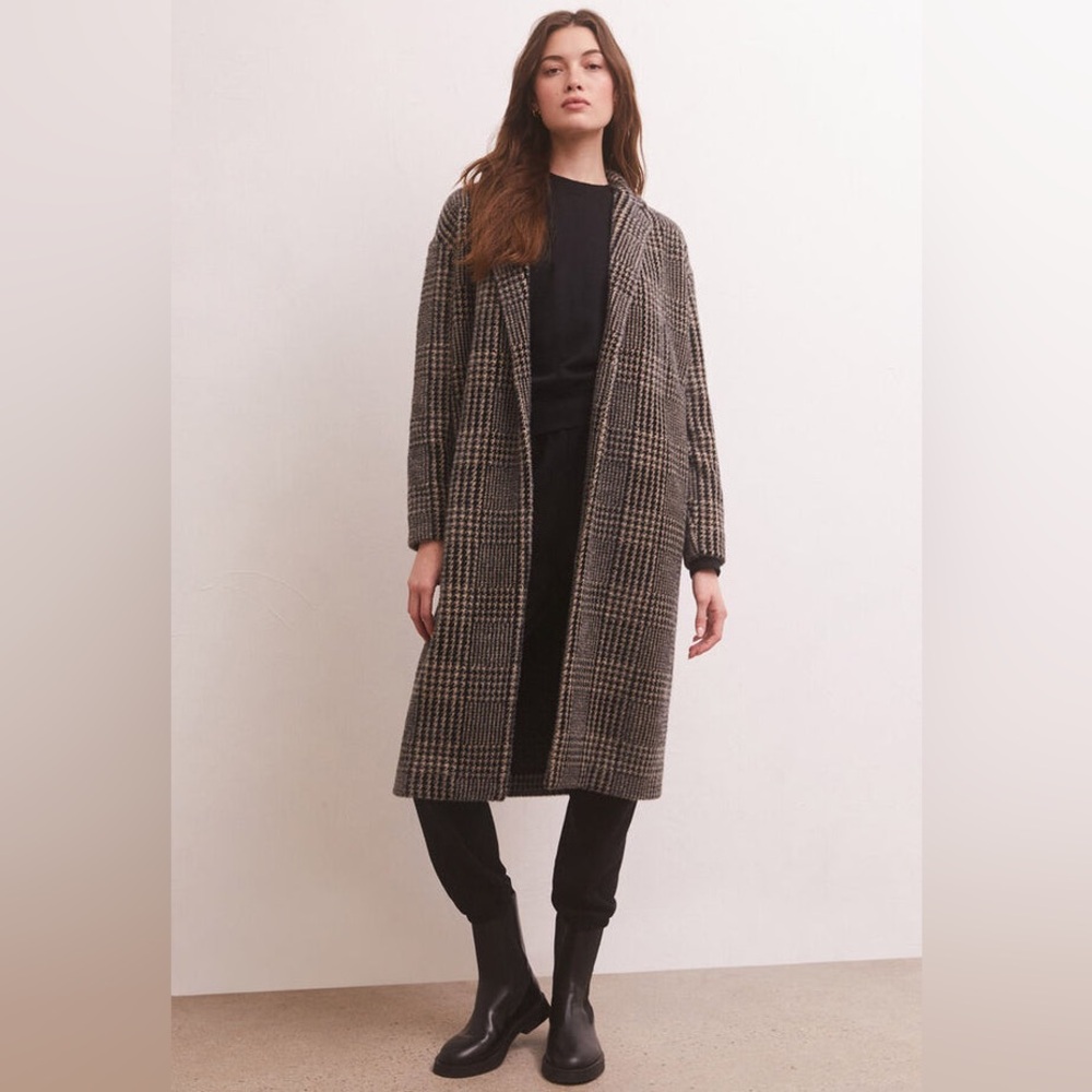 Z Supply Black and Brown Plaid Long Coat